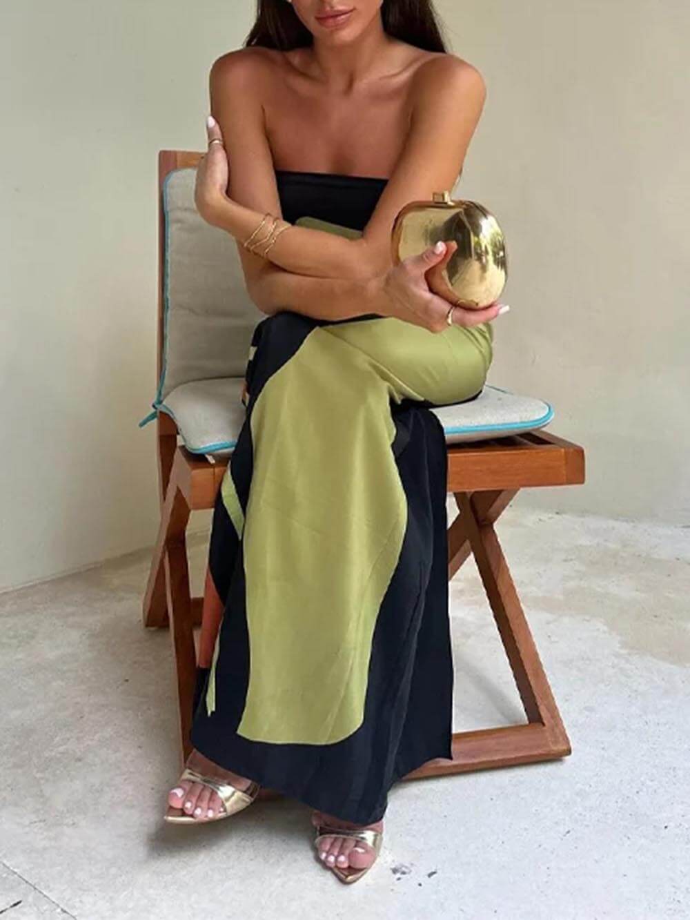 Sleeveless Off Shoulder Printed Contrast Maxi Dress