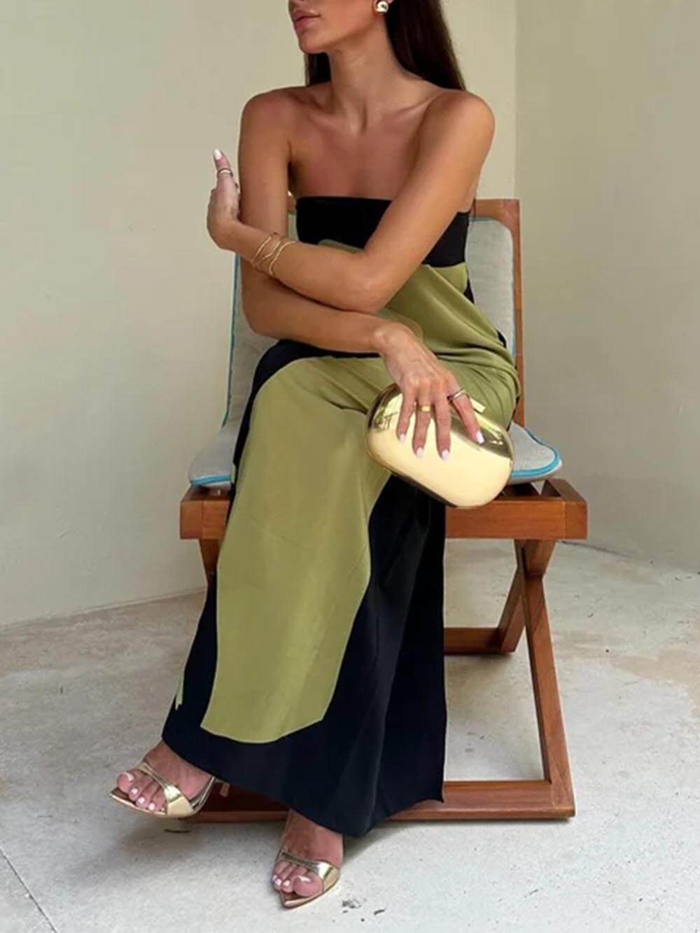 Sleeveless Off Shoulder Printed Contrast Maxi Dress
