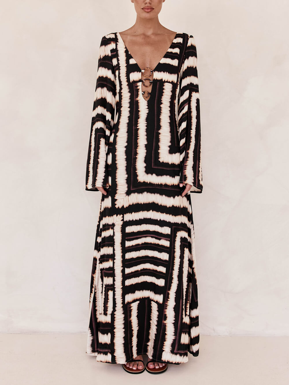 Flattering V-Neck Printed Maxi Dress with V Tie Ring Detail