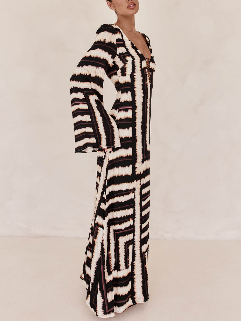 Flattering V-Neck Printed Maxi Dress with V Tie Ring Detail