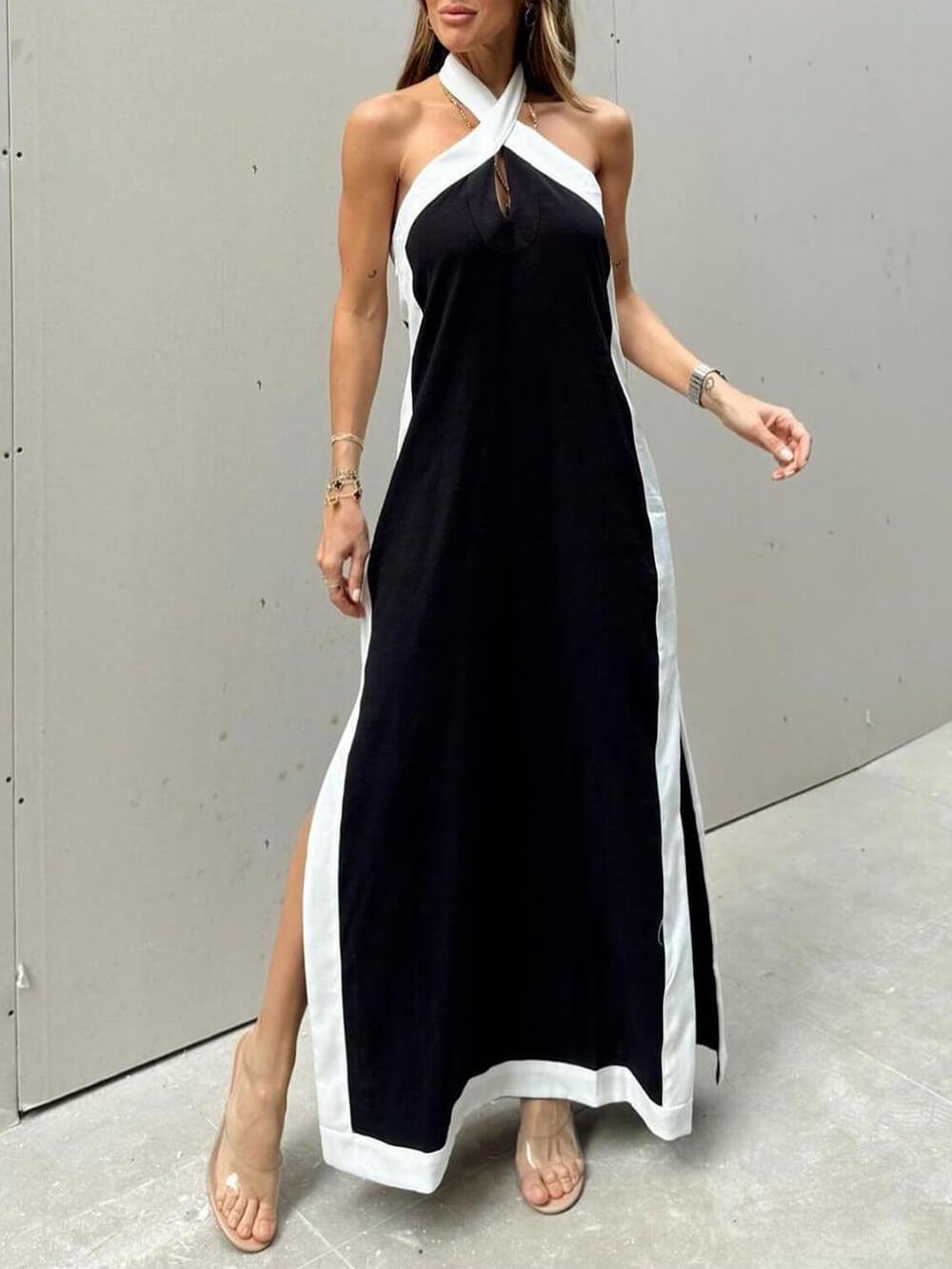 Bold Color Block chroma Slit Maxi Dress