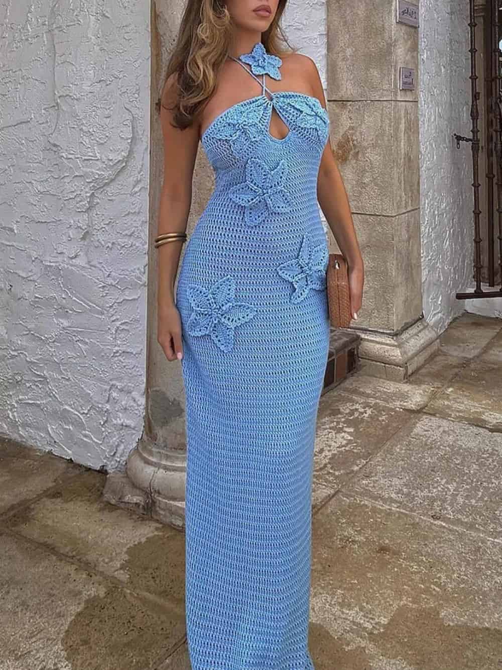 Elegant 3D Flower Decor Crochet Halter Maxi Dress
