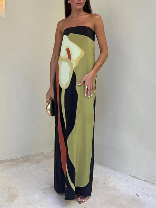 Sleeveless Off Shoulder Printed Contrast Maxi Dress