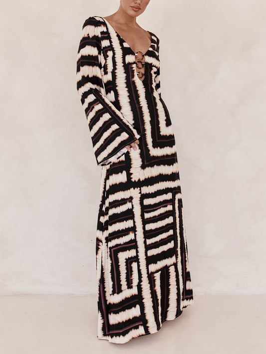 Flattering V-Neck Printed Maxi Dress with V Tie Ring Detail