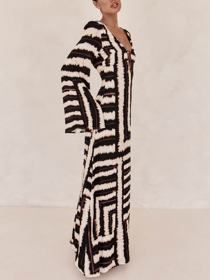 Flattering V-Neck Printed Maxi Dress with V Tie Ring Detail