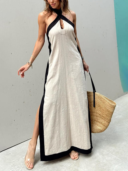 Bold Color Block chroma Slit Maxi Dress
