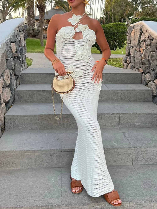 Elegant 3D Flower Decor Crochet Halter Maxi Dress