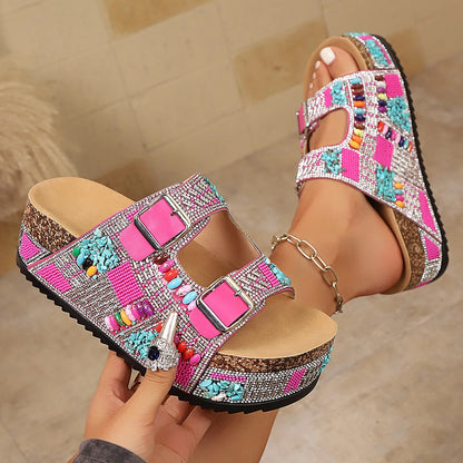Rhinestone buckle platform slide sandals