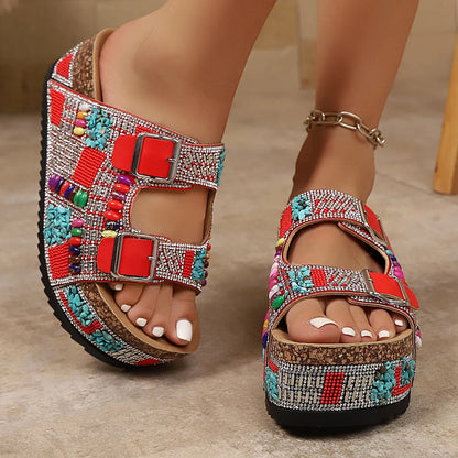 Rhinestone buckle platform slide sandals