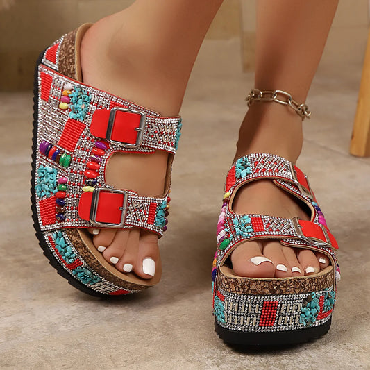 Rhinestone buckle platform slide sandals