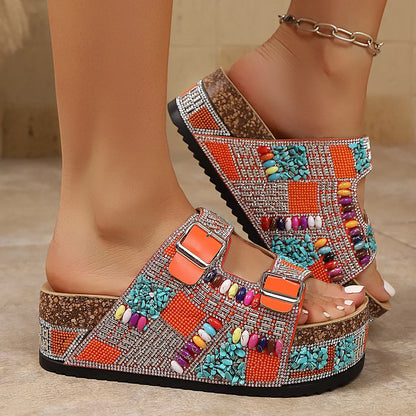 Rhinestone buckle platform slide sandals