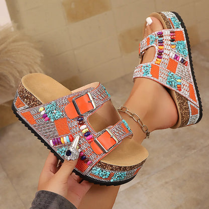 Rhinestone buckle platform slide sandals